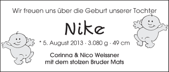 Babyanzeige von Nike Weissner von WESER-KURIER