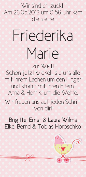 Babyanzeige von Friederika Marie  von WESER-KURIER