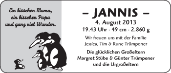 Babyanzeige von Jannis  von WESER-KURIER