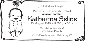 Babyanzeige von Katharina Seline  von WESER-KURIER