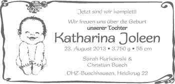 Babyanzeige von Katharina Joleen  von WESER-KURIER