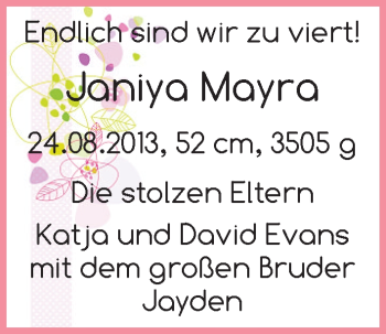 Babyanzeige von Janiya Mayra Evans von WESER-KURIER