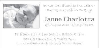 Babyanzeige von Janne Charlotte Dohr von WESER-KURIER