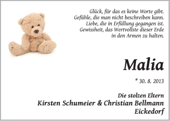Babyanzeige von Malia  von WESER-KURIER