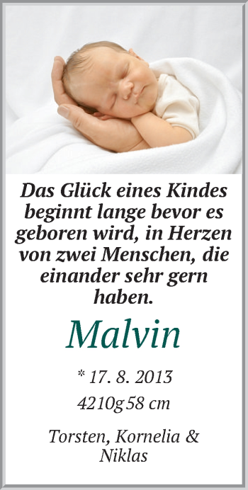 Babyanzeige von Malvin Brandhorst von WESER-KURIER
