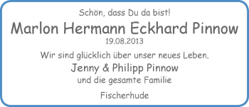 Babyanzeige von Marlon Hermann Eckhard Pinnow von WESER-KURIER