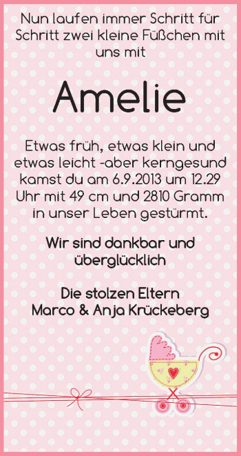 Babyanzeige von Amelie  von WESER-KURIER