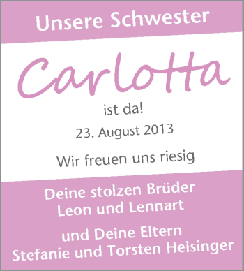 Babyanzeige von Carlotta Heisinger von WESER-KURIER