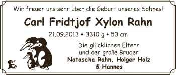 Babyanzeige von Carl Fridtjof Xylon Rahn von WESER-KURIER