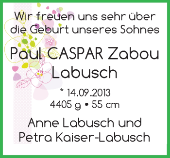 Babyanzeige von Paul Casper Zabou Labusch von WESER-KURIER