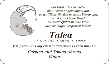 Babyanzeige von Talea Ahrens von WESER-KURIER