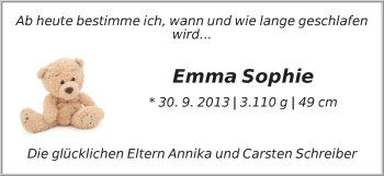 Babyanzeige von Emma Sophie  von WESER-KURIER