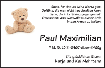 Babyanzeige von Paul Maximilian  von WESER-KURIER
