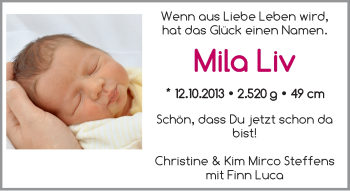 Babyanzeige von Mila Liv  von WESER-KURIER