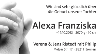 Babyanzeige von Alexa Franziska  von WESER-KURIER