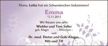 Babyanzeige von Emma Saller von WESER-KURIER