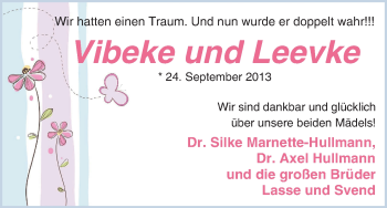 Babyanzeige von Vibeke und Leevke  von WESER-KURIER