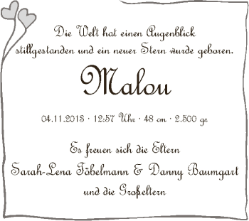 Babyanzeige von Malou  von WESER-KURIER