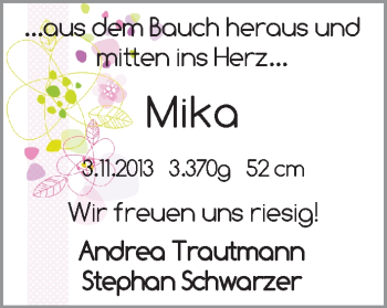 Babyanzeige von Mika  von WESER-KURIER