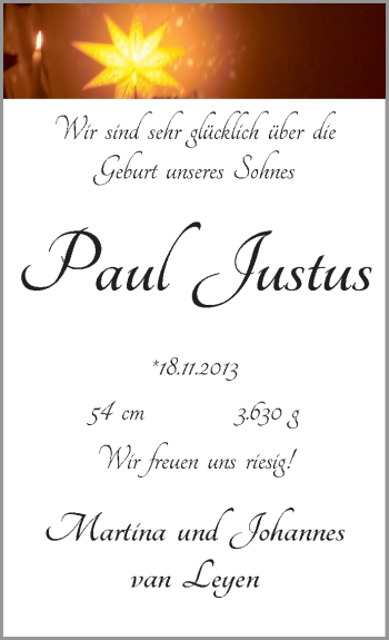 Babyanzeige von Paul Justus  von WESER-KURIER