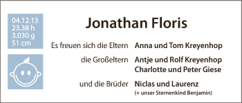 Babyanzeige von Jonathan Floris Kreyenhop von WESER-KURIER