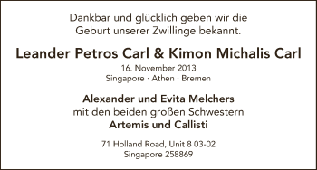 Babyanzeige von Leander und Kimon Melchers von WESER-KURIER
