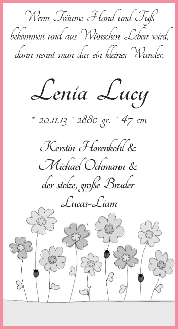Babyanzeige von Lenia Lucy  von WESER-KURIER
