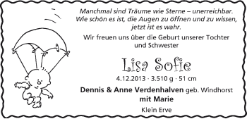 Babyanzeige von Lisa Sofie  von WESER-KURIER
