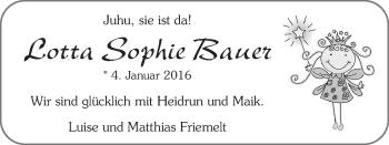 Babyanzeige von Lotta Sophie Bauer von WESER-KURIER