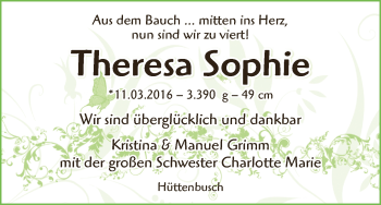 Babyanzeige von Theresa Sophie Grimm von Wuemme Zeitung