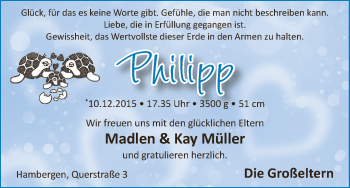 Babyanzeige von Philipp Müller von Osterholzer Kreisblatt