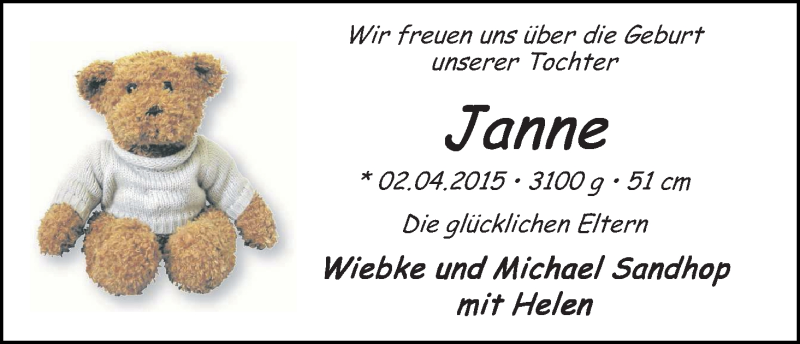 Anzeige für Janne Sandhop vom 11.04.2015 aus WESER-KURIER