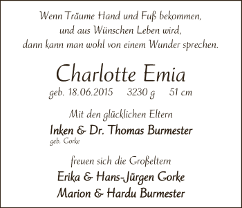 Babyanzeige von Charlotte Emia  von WESER-KURIER