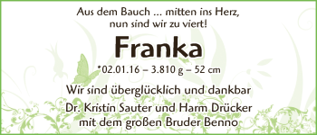 Babyanzeige von Franka Sauter von Regionale Rundschau/Syker Kurier