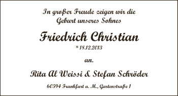 Babyanzeige von Friedrich Christian  von WESER-KURIER