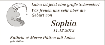 Babyanzeige von Sophia Hütten von WESER-KURIER