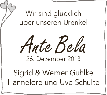 Babyanzeige von Ante Bela  von WESER-KURIER