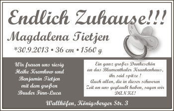 Babyanzeige von Magdalena Tietjen von WESER-KURIER