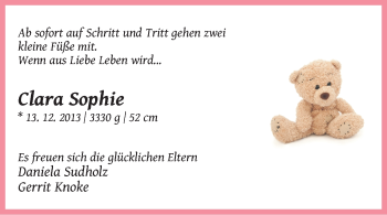 Babyanzeige von Clara Sophie  von WESER-KURIER