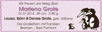 Babyanzeige von Marlena Grote von WESER-KURIER