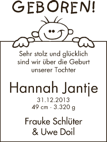 Babyanzeige von Hannah Jantje  von WESER-KURIER