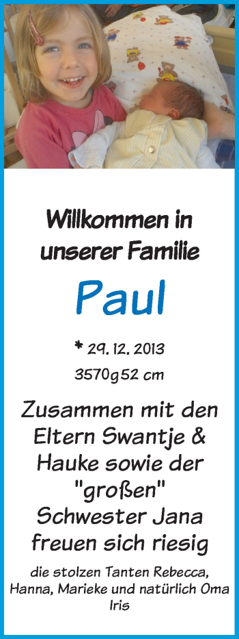Babyanzeige von Paul  von WESER-KURIER
