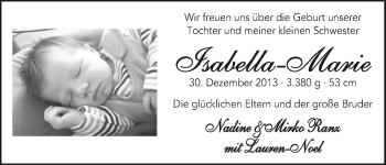 Babyanzeige von Isabella-Marie Ranz von WESER-KURIER