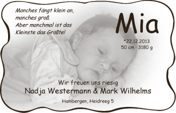 Babyanzeige von Mia Westermann von WESER-KURIER
