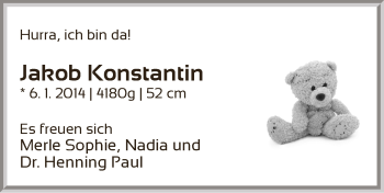 Babyanzeige von Jakob Konstantin  von WESER-KURIER