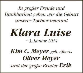 Babyanzeige von Klara Luise Meyer von WESER-KURIER