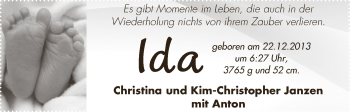 Babyanzeige von Ida Janzen von WESER-KURIER