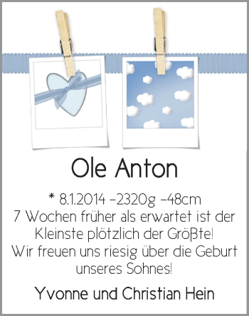 Babyanzeige von Ole Anton Hein von WESER-KURIER