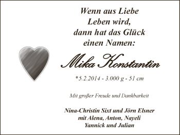 Babyanzeige von Mika Konstantin  von WESER-KURIER