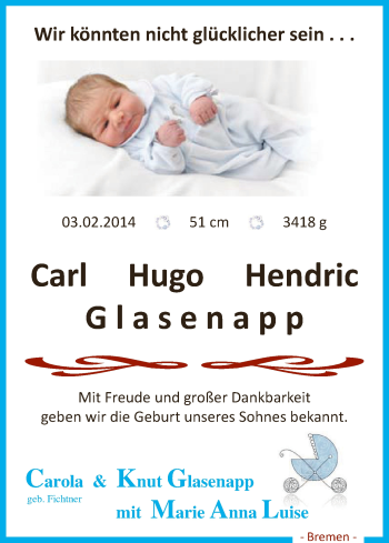 Babyanzeige von Carl Hugo Hendric Glasenapp von WESER-KURIER